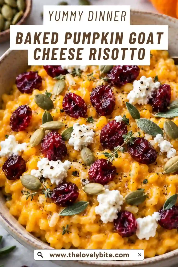 Creamy pumpkin risotto topped with tangy goat cheese, dried cranberries, pumpkin seeds, and fresh herbs. This Baked Pumpkin Goat Cheese Risotto has a rich golden color and comforting fall presentation.