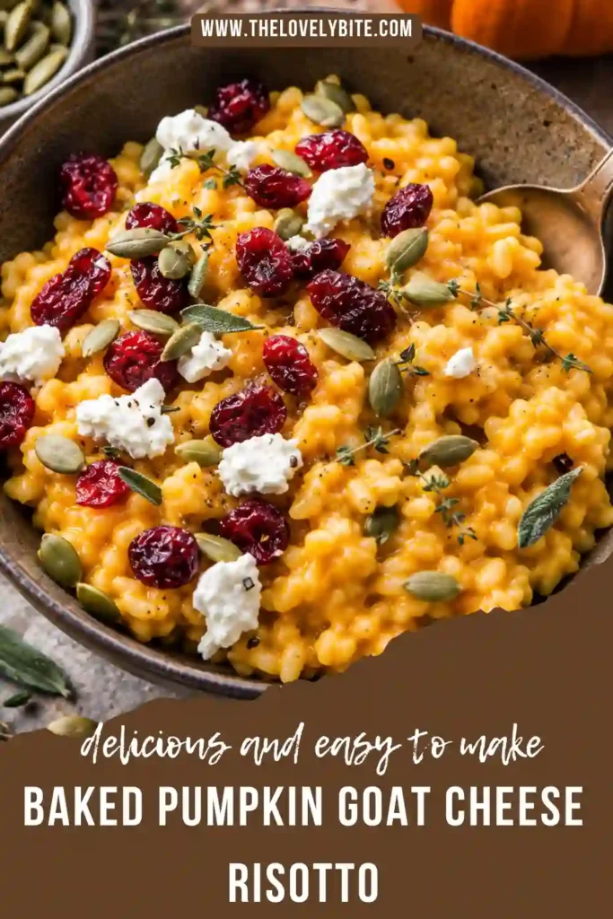Homemade goat cheese risotto made with pumpkin purée, brown Arborio rice, sage, and rosemary. Cranberries and crunchy pepitas finish the creamy pumpkin risotto.