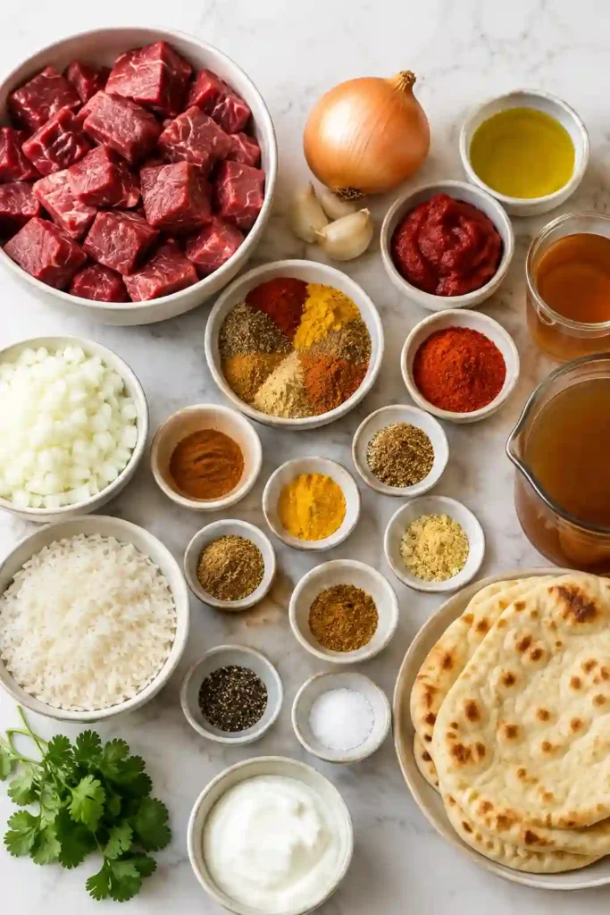 A bowl of Beef Vindaloo featuring tender beef pieces coated in a thick, richly spiced curry sauce. The dish is served with fluffy basmati rice and garnished with fresh herbs for an inviting dinner presentation.