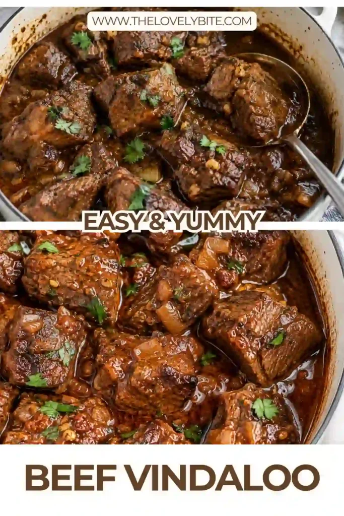 Homemade Beef Vindaloo served in a bowl with a rich tomato and spice-based sauce. Steamed basmati rice and warm naan complete this colorful Indian-inspired curry meal.