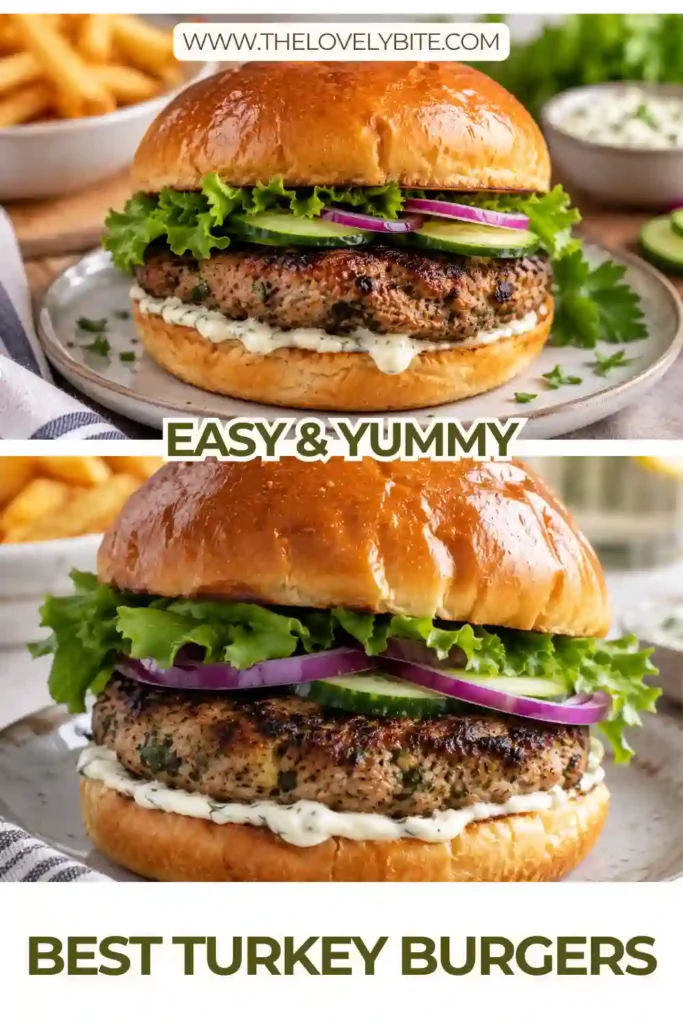 Four Best Turkey Burgers made with lean ground turkey, spinach, and crumbled feta are stacked on toasted hamburger buns. Fresh cucumber and thin red onion slices add bright color and crisp texture.