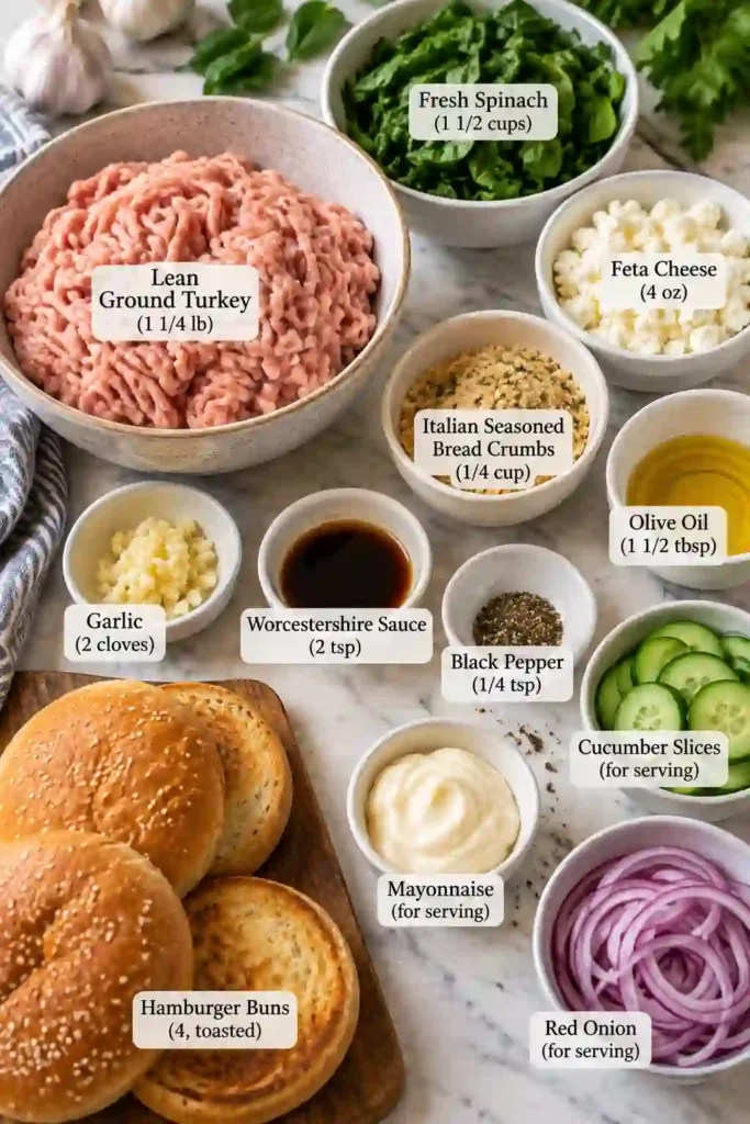 Juicy turkey burgers with feta and spinach are arranged on toasted hamburger buns with cucumber and red onion. The burgers have a lightly browned grilled exterior and tender center.