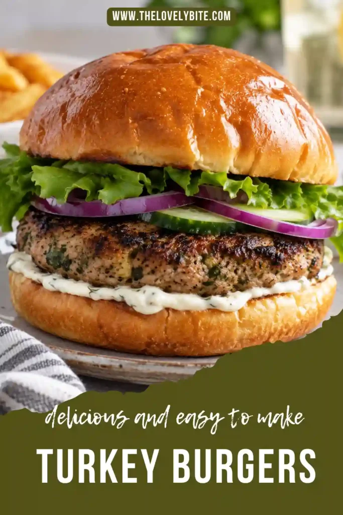 A homemade turkey burger topped with mayonnaise, cucumber, and red onion sits on a toasted bun. The patty contains finely chopped spinach, feta cheese, and garlic.