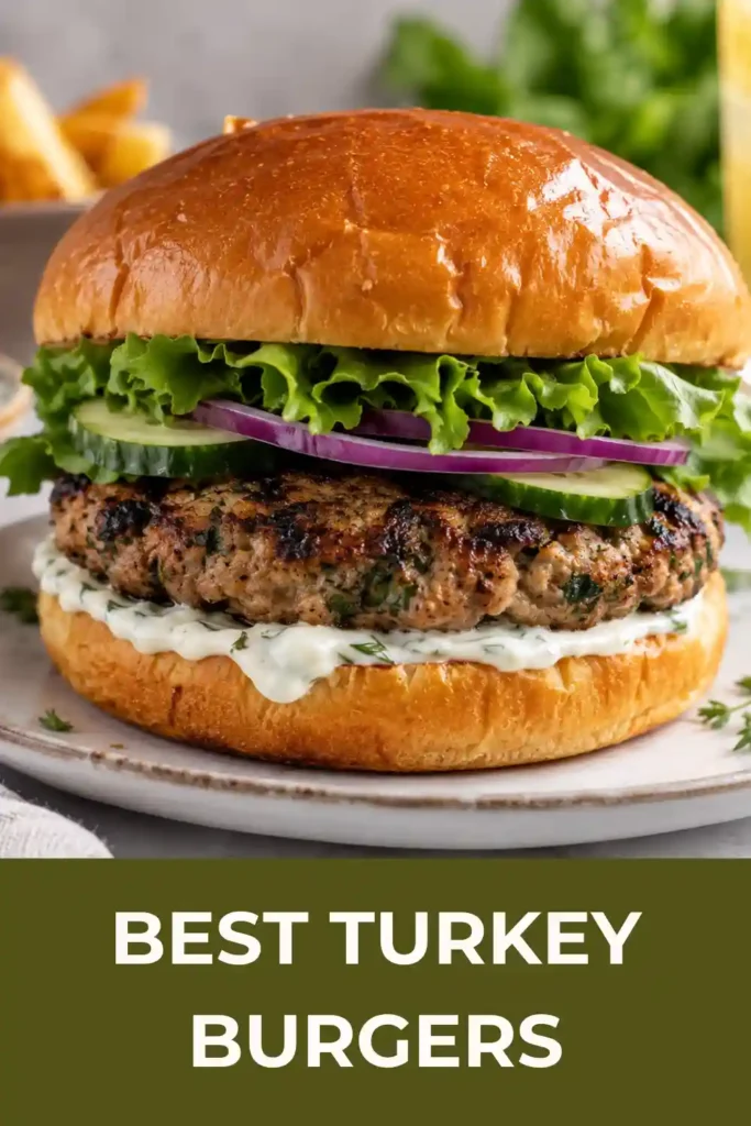 Best Turkey Burgers are served on toasted buns with fresh cucumber and red onion. The grilled patties are golden on the outside with visible spinach and feta throughout.