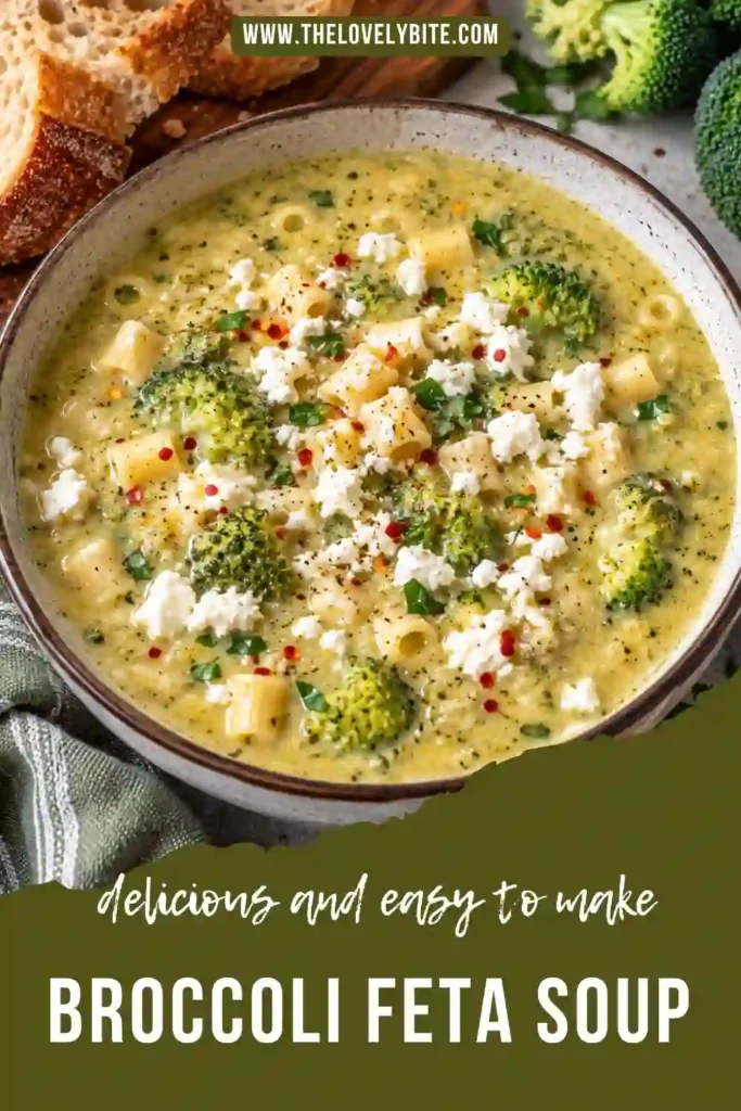 A warm bowl of Broccoli Feta Soup made with tender broccoli, potatoes, ditalini pasta, and crumbled feta cheese. Fresh parsley and extra feta finish this creamy vegetarian soup.