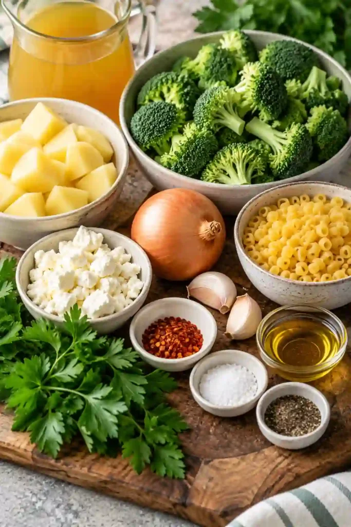 A comforting bowl of feta cheese soup featuring blended broccoli and potatoes with tender ditalini pasta. Crumbled feta and parsley add a fresh, savory finish.