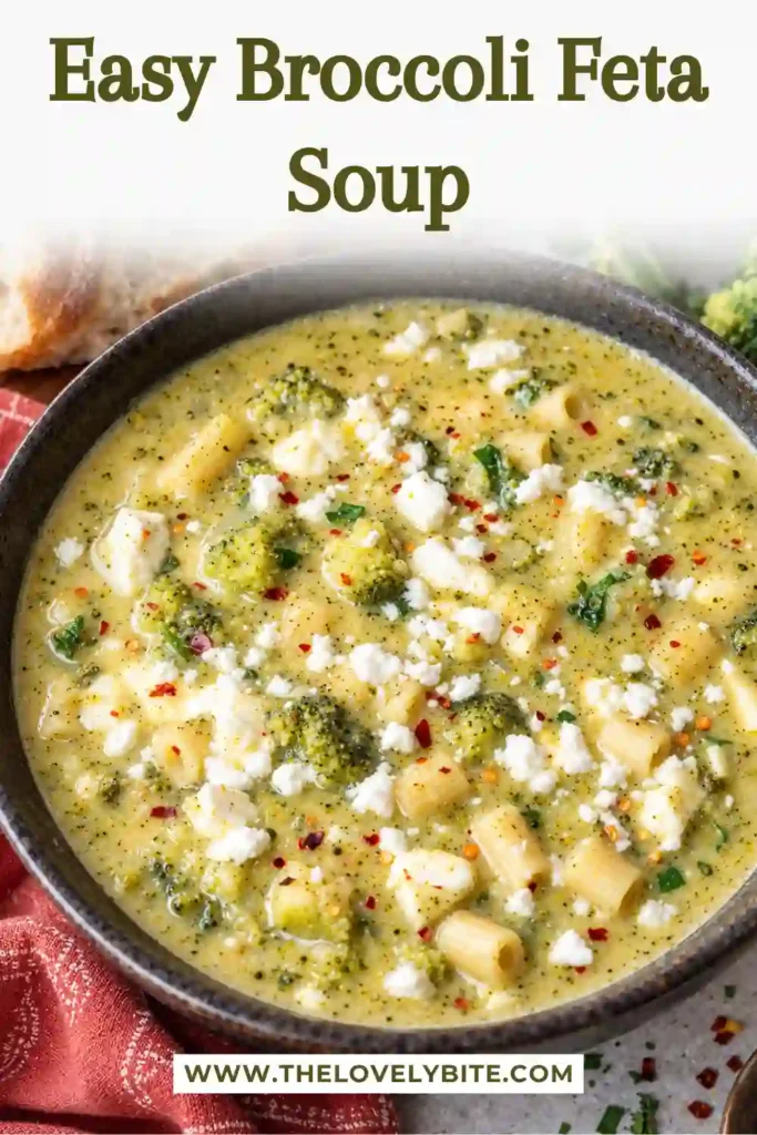 Homemade broccoli and feta soup served warm with small pasta and crumbled feta on top. The creamy broccoli potato soup has a thick, comforting texture with fresh parsley.