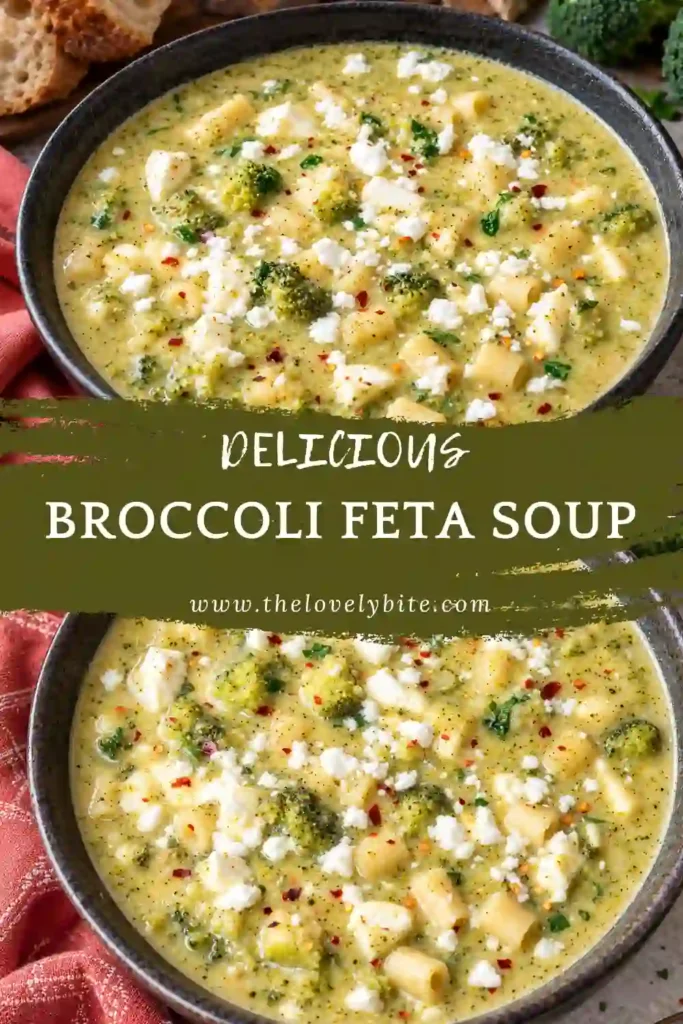 Creamy Broccoli Feta Soup with broccoli, potatoes, ditalini, feta cheese, and fresh herbs. The hearty vegetable soup is topped with crumbled feta and red chili flakes.