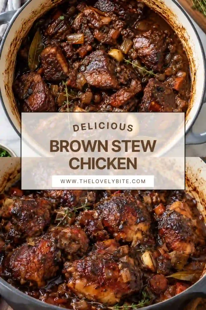 Brown Stew Chicken served in a bowl with tender chicken pieces, colorful peppers, and rich brown gravy. The Jamaican-inspired chicken stew has a glossy sauce and fresh herbs for a flavorful Caribbean presentation.