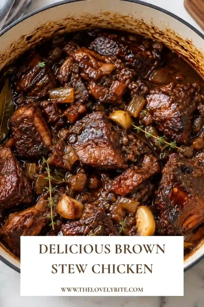 A hearty Jamaican brown stew chicken dinner featuring tender chicken simmered with peppers and aromatic spices. The rich brown sauce surrounds each piece of chicken for a comforting Caribbean-style meal.