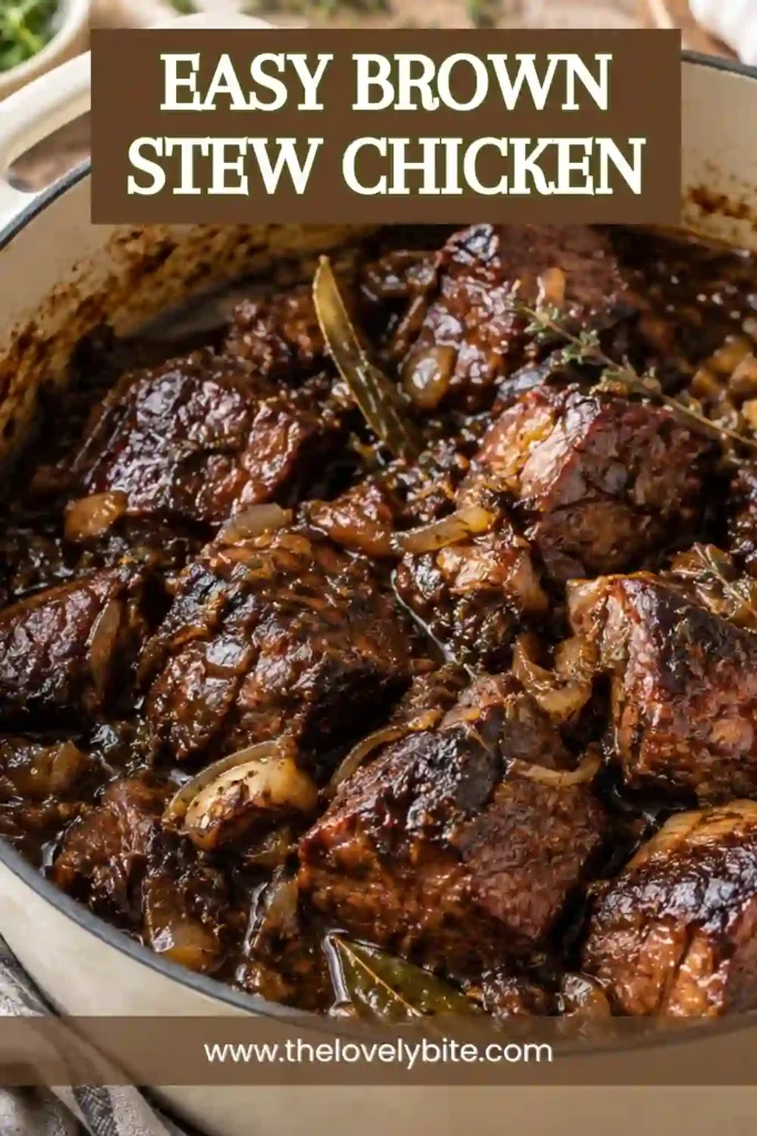 Brown Stew Chicken served with rice and colorful vegetables for a complete Caribbean-inspired meal. Tender chicken is covered in savory brown gravy made with herbs, spices, peppers, and stock.