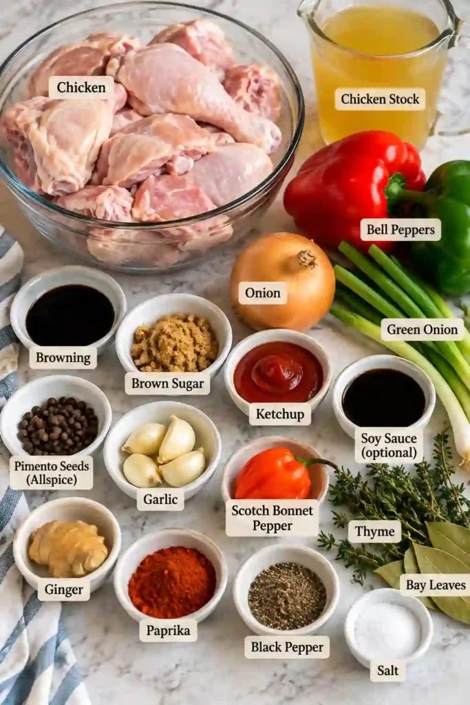 Close-up of Jamaican brown stew chicken showing tender chicken pieces, bell peppers, herbs, and thick brown gravy. The Caribbean chicken recipe has a rich color and glossy sauce with visible aromatic seasonings.