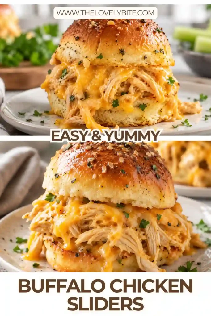 Buffalo Chicken Sliders made with shredded chicken, ranch dressing, hot sauce, and melted cheese on soft dinner rolls. The tops are brushed with seasoned garlic butter and baked until golden.