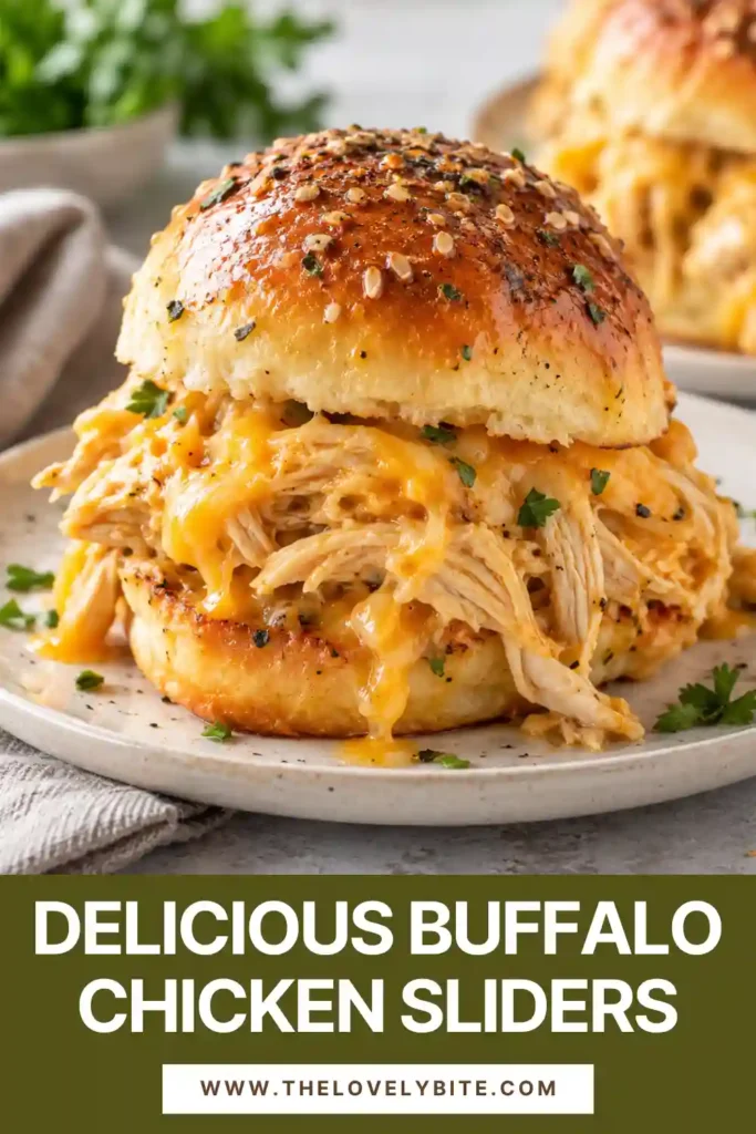 Homemade Buffalo Chicken Sliders arranged in a baking dish with melted Mexican-blend cheese and seasoned buttery tops. The chicken filling combines ranch dressing with tangy hot sauce.