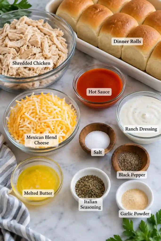 Easy Buffalo Chicken Sliders served warm with shredded chicken, ranch, hot sauce, and melted cheese inside soft dinner rolls. The golden tops are brushed with garlic butter and Italian seasoning.