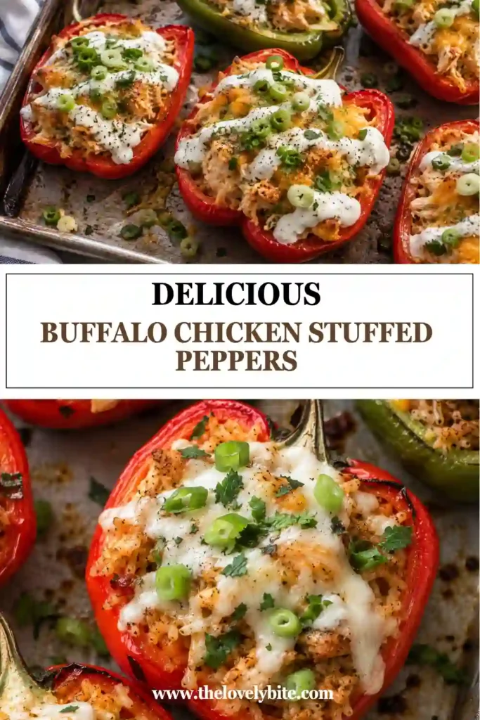 Dairy-free Buffalo Chicken Stuffed Peppers served warm with a drizzle of ranch dressing. The tender bell peppers hold a creamy, spicy chicken filling.