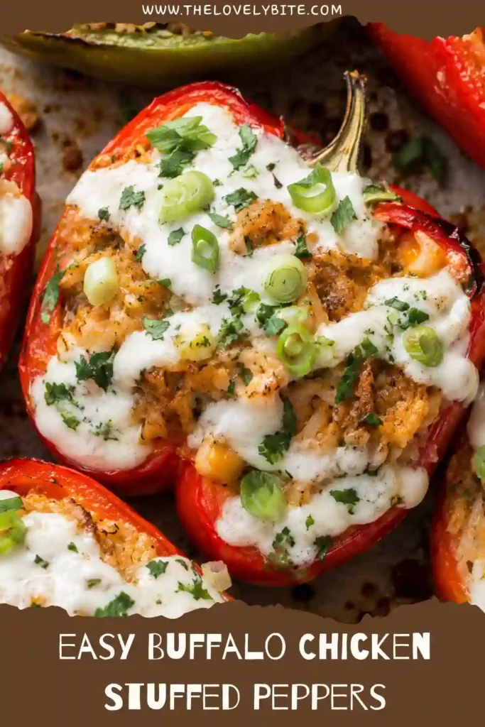 Low-carb stuffed peppers filled with seasoned buffalo chicken and topped with fresh green onions. The baked peppers are colorful, tender, and lightly browned.