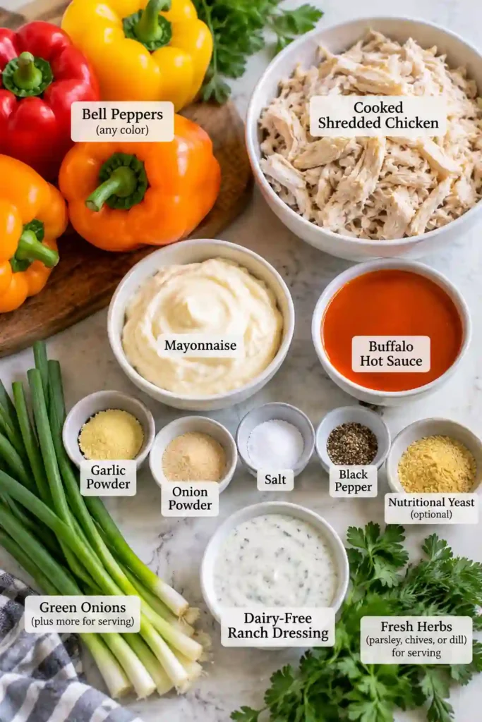 Buffalo Chicken Stuffed Peppers filled with creamy shredded buffalo chicken and baked until tender. Green onions and fresh herbs garnish the colorful low-carb stuffed peppers.