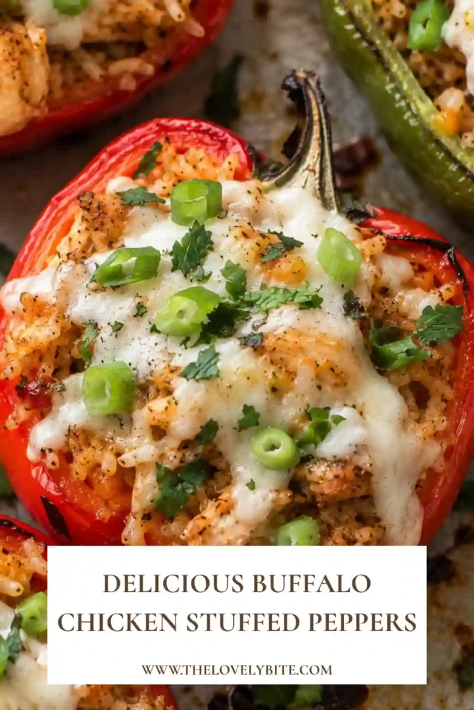 Homemade Buffalo Chicken Stuffed Peppers arranged in a baking dish with a creamy chicken filling. Fresh herbs and dairy-free ranch add color and flavor.