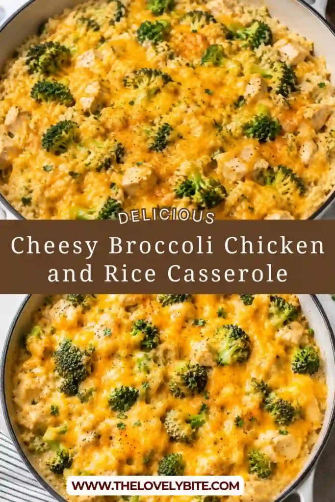 A cheesy broccoli chicken and rice casserole in a large skillet, topped with melted golden cheddar cheese and tender broccoli florets. The creamy rice and browned chicken create a hearty, comforting family dinner.