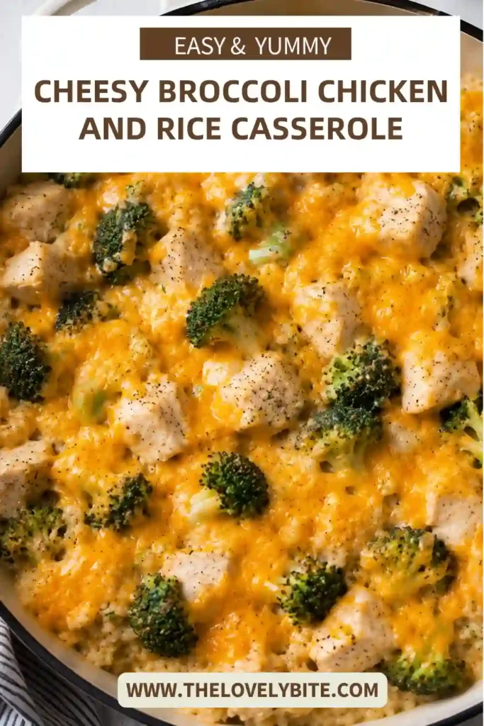 Homemade chicken broccoli rice casserole served warm with melted sharp cheddar covering the top. Tender broccoli and chicken are mixed throughout the creamy, savory rice.