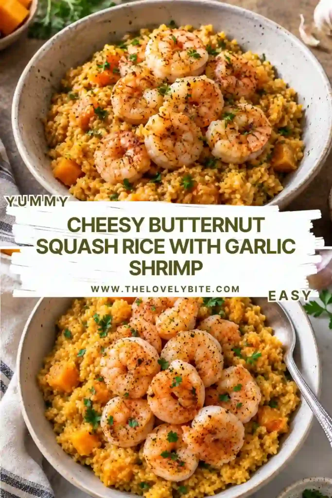 A bowl of cheesy butternut squash rice topped with sautéed shrimp and freshly grated Parmesan. Tender golden squash, creamy rice, and fragrant herbs create a comforting homemade dinner.