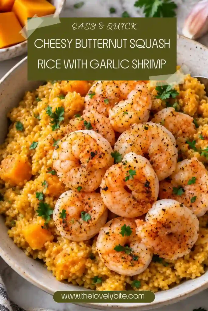Close-up of creamy butternut squash rice with juicy garlic shrimp and melted Parmesan cheese. The tender squash and fluffy rice create a rich, comforting texture.