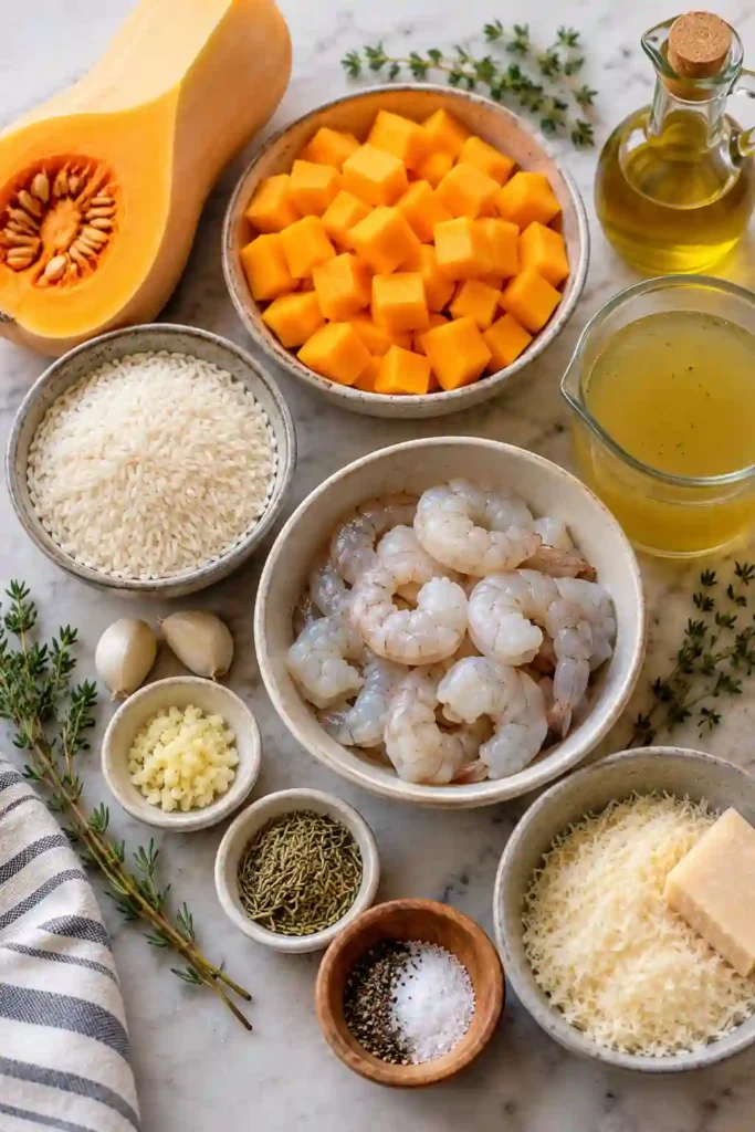 Sautéed garlic shrimp served over creamy Parmesan butternut squash rice in a shallow bowl. Tender squash cubes, fluffy rice, and savory herbs make this an easy and flavorful shrimp dinner.