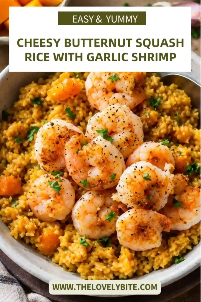 A family-style serving of cheesy butternut squash rice with shrimp, Parmesan, and herbs. The colorful combination of golden squash, creamy rice, and pink shrimp makes an inviting weeknight dinner.