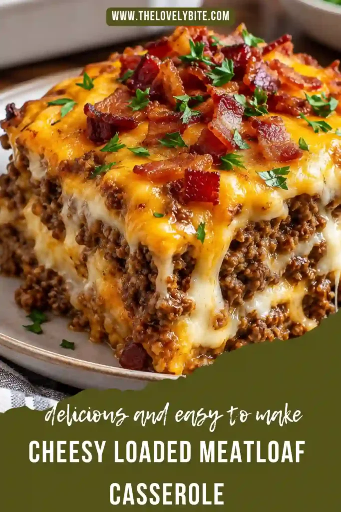 Close-up of cheesy loaded meatloaf casserole showing creamy mashed potatoes and golden melted cheddar over a savory ground beef layer. Crumbled turkey ham adds a flavorful topping to this comforting casserole.