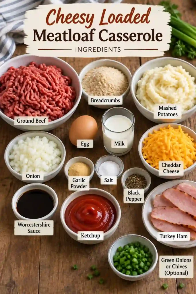 A cheesy loaded meatloaf casserole in a square baking dish with layers of seasoned ground beef, mashed potatoes, melted cheddar cheese, and crumbled turkey ham. The casserole is topped with fresh green onions for a colorful finish.