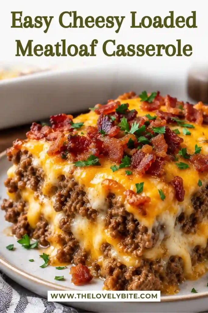 Homemade meatloaf with mashed potatoes layered into a golden cheesy casserole. The hearty ground beef base is topped with cheddar cheese, turkey ham, and chopped green onions.