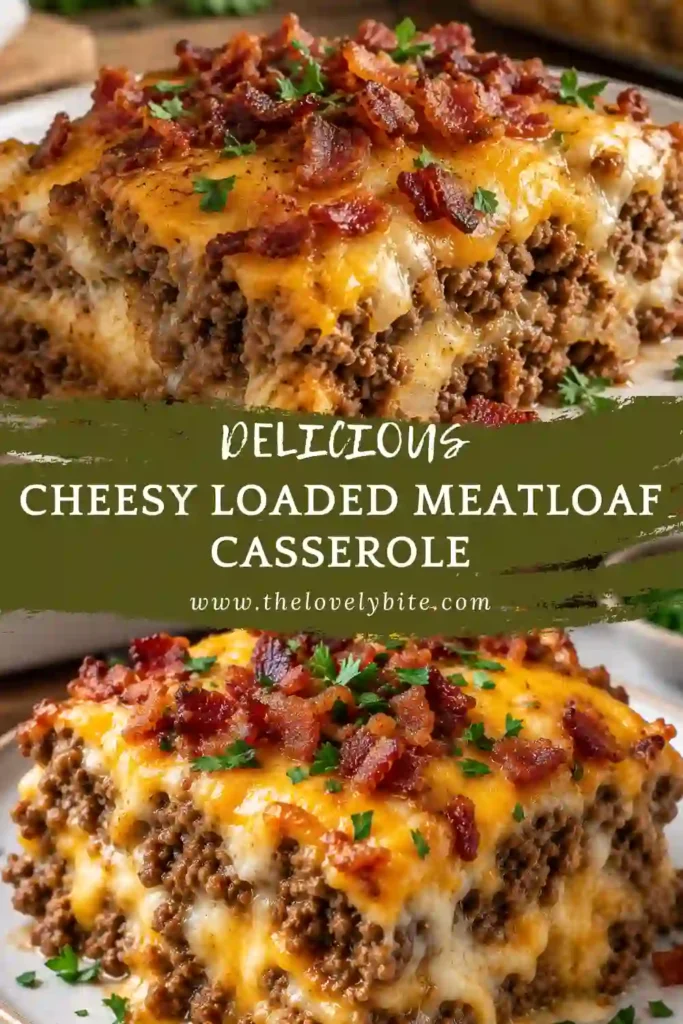 A warm loaded meatloaf casserole served fresh from the oven with creamy potatoes, melted cheddar, and savory turkey ham. The layered ground beef casserole has a golden, bubbling cheese topping.