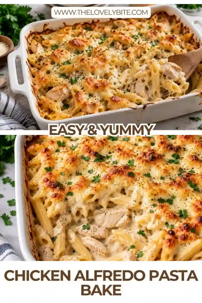A creamy chicken Alfredo pasta bake topped with golden melted mozzarella, cheddar, and Parmesan cheese in a white baking dish. Tender chicken, mushrooms, and fusilli pasta are coated in a rich Alfredo-style sauce and finished with fresh parsley.