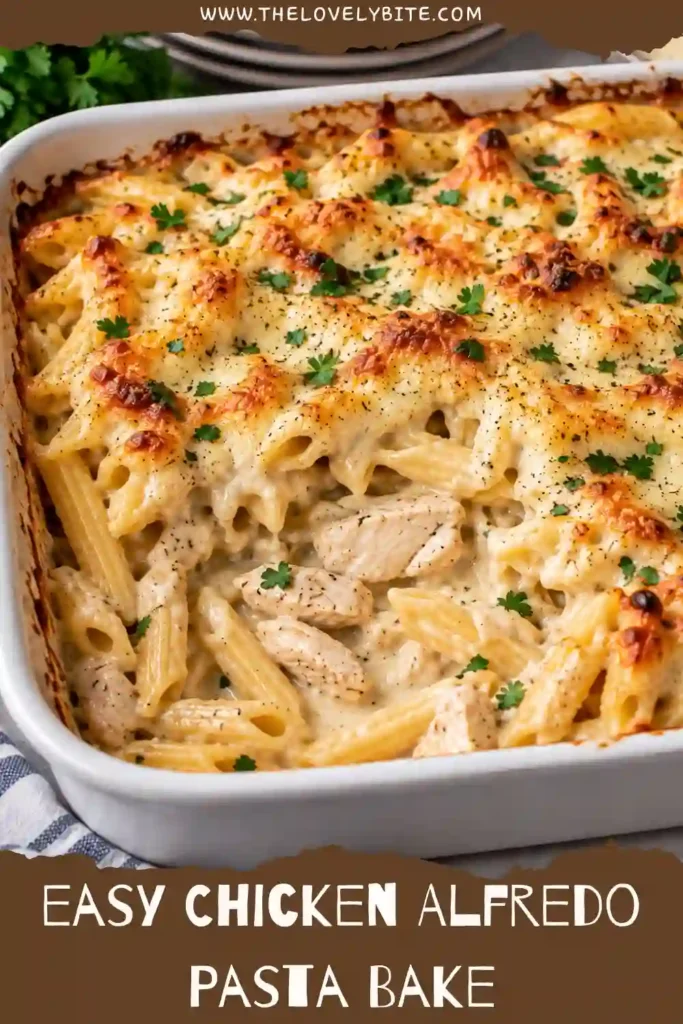 A close-up of creamy chicken Alfredo pasta with tender chicken, sliced mushrooms, and fusilli coated in a rich Parmesan sauce. Melted mozzarella and cheddar create a cheesy topping with fresh parsley scattered over the pasta.
