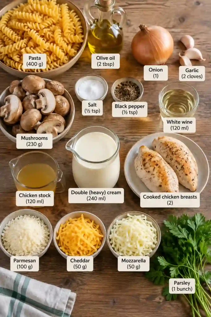 A family-style chicken and mushroom pasta bake served in a ceramic casserole dish with garlic bread and a fresh green salad. The creamy chicken pasta is topped with golden mozzarella, cheddar, Parmesan, and chopped parsley.