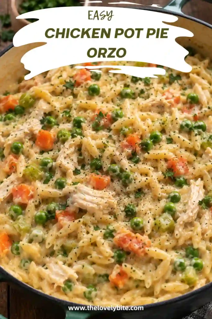 Chicken Pot Pie Orzo served in a deep skillet with creamy orzo, shredded chicken, peas, carrots, and celery. Fresh parsley adds a bright finishing touch to this cozy one-pan chicken dinner.