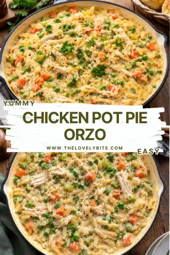 A creamy Chicken Pot Pie Orzo skillet filled with tender pasta, chicken, green peas, carrots, and herbs. The comforting dish has a rich, savory sauce and colorful vegetables.