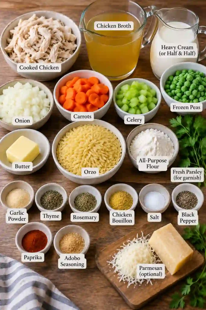 Creamy chicken orzo made with shredded chicken, peas, carrots, celery, thyme, and rosemary. This comforting one-pan meal has a thick, silky sauce and hearty texture.