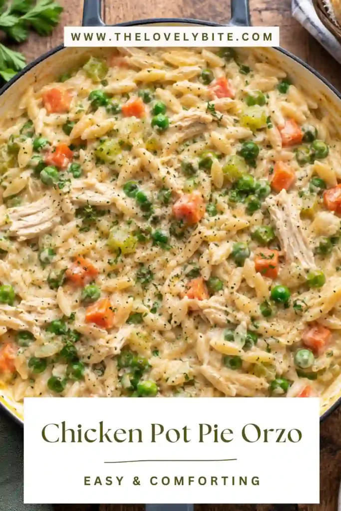 Homemade Chicken Pot Pie Orzo with tender chicken and vegetables folded into creamy seasoned orzo. Fresh herbs garnish the warm skillet for an inviting family dinner.