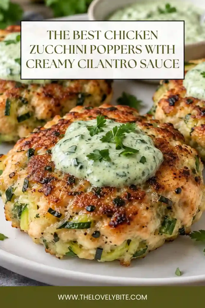 Golden chicken zucchini poppers arranged on a white serving plate beside a bowl of creamy cilantro sauce. The juicy ground chicken patties are lightly browned and garnished with fresh chopped chives.