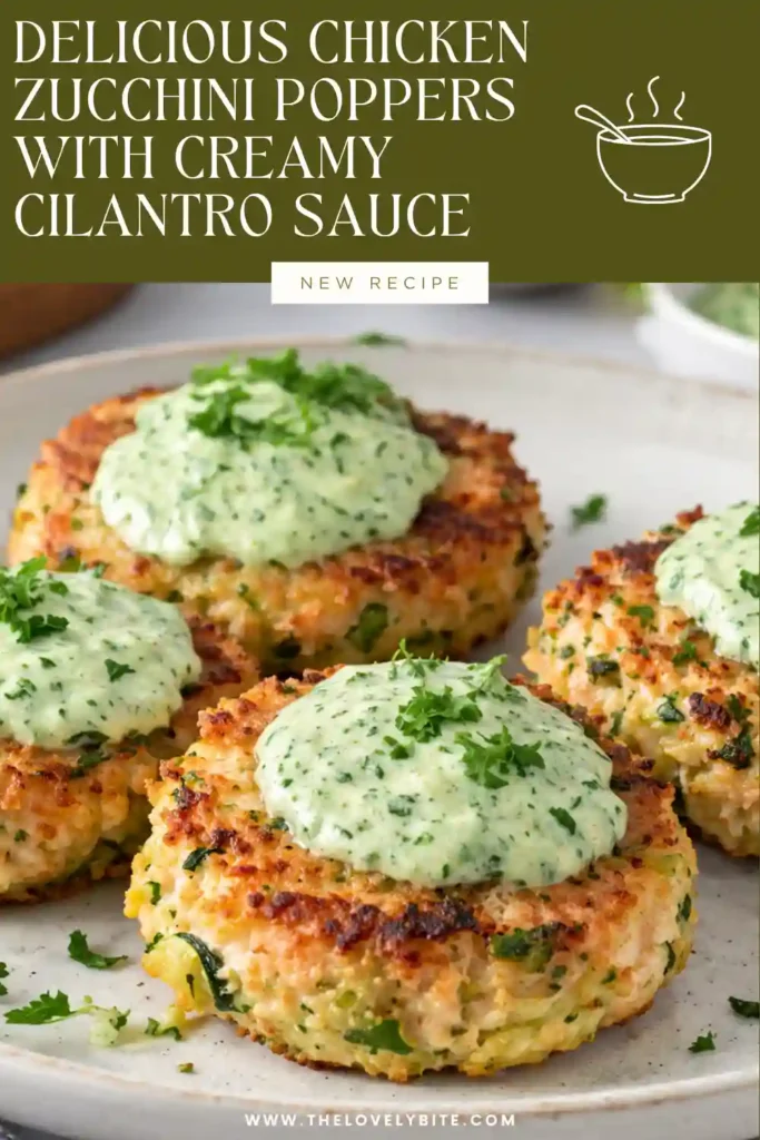Close-up of a golden chicken zucchini patty cut open to reveal its juicy interior with shredded zucchini and fresh herbs. A small bowl of creamy cilantro sauce sits nearby, highlighting the tender texture and savory ingredients.