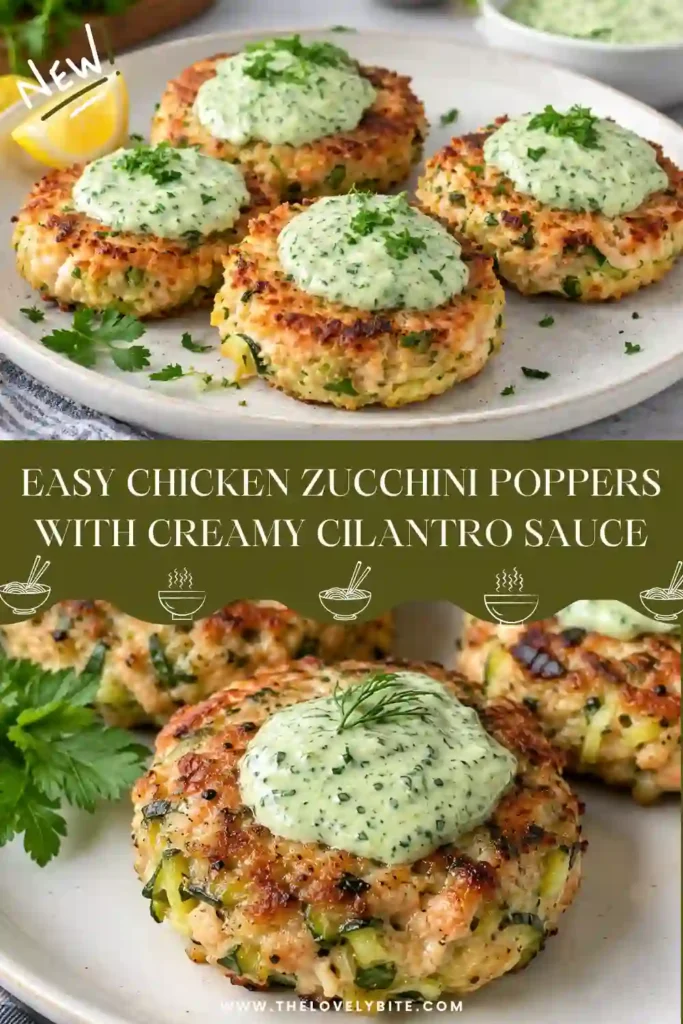 Small chicken zucchini patties cooking in a large skillet with a light coating of oil. The ground chicken and shredded zucchini mixture develops a golden-brown crust as the patties cook.