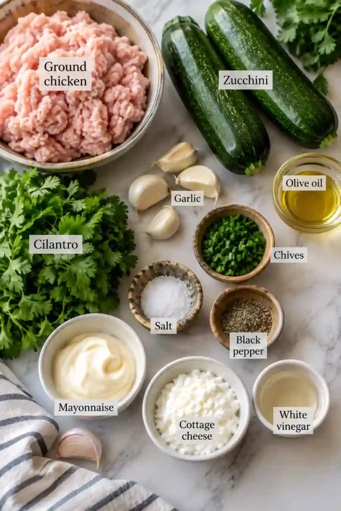 Chicken zucchini patties served with fluffy rice, fresh cucumber salad, and a bowl of creamy cilantro sauce. The golden ground chicken patties create a colorful, balanced family dinner with fresh vegetables and herbs.
