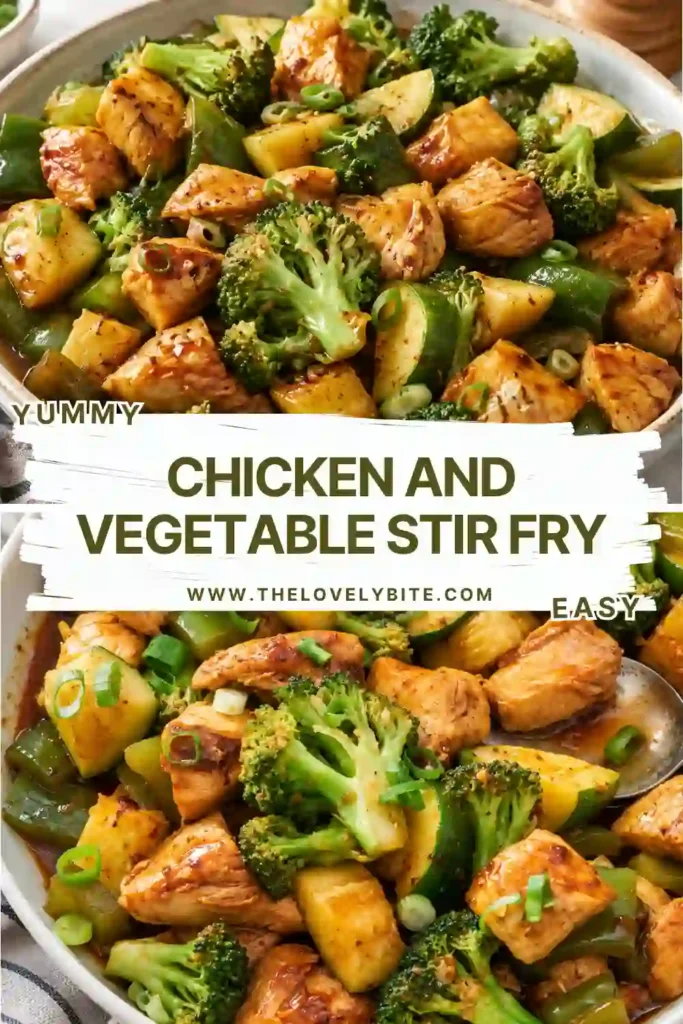 Chicken and Vegetable Stir Fry served in a white bowl with tender chicken breast, broccoli, zucchini, and green bell peppers. The colorful vegetables are coated in a light garlic sauce and garnished with fresh green onions.