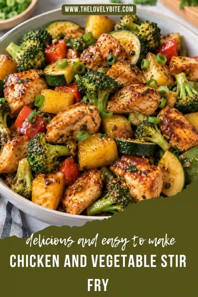 Easy chicken stir fry cooking in a large black wok with broccoli, zucchini, and green bell peppers. Bite-sized pieces of chicken are tossed with vegetables in a savory garlic sauce.
