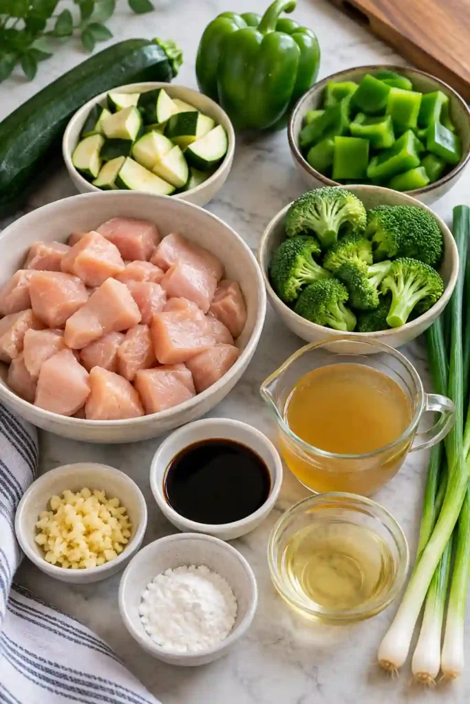 Close-up of Chicken and Vegetable Stir Fry featuring tender chicken breast, broccoli florets, zucchini, and green bell peppers. A glossy garlic sauce coats the ingredients, with freshly chopped green onions scattered over the top.