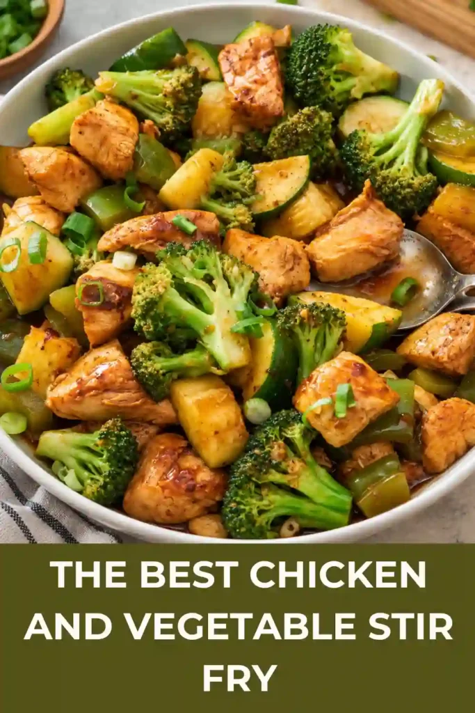 Healthy chicken stir fry served over fluffy white rice with broccoli, zucchini, and green bell peppers. Tender chicken pieces are coated in a light savory sauce and topped with chopped green onions.
