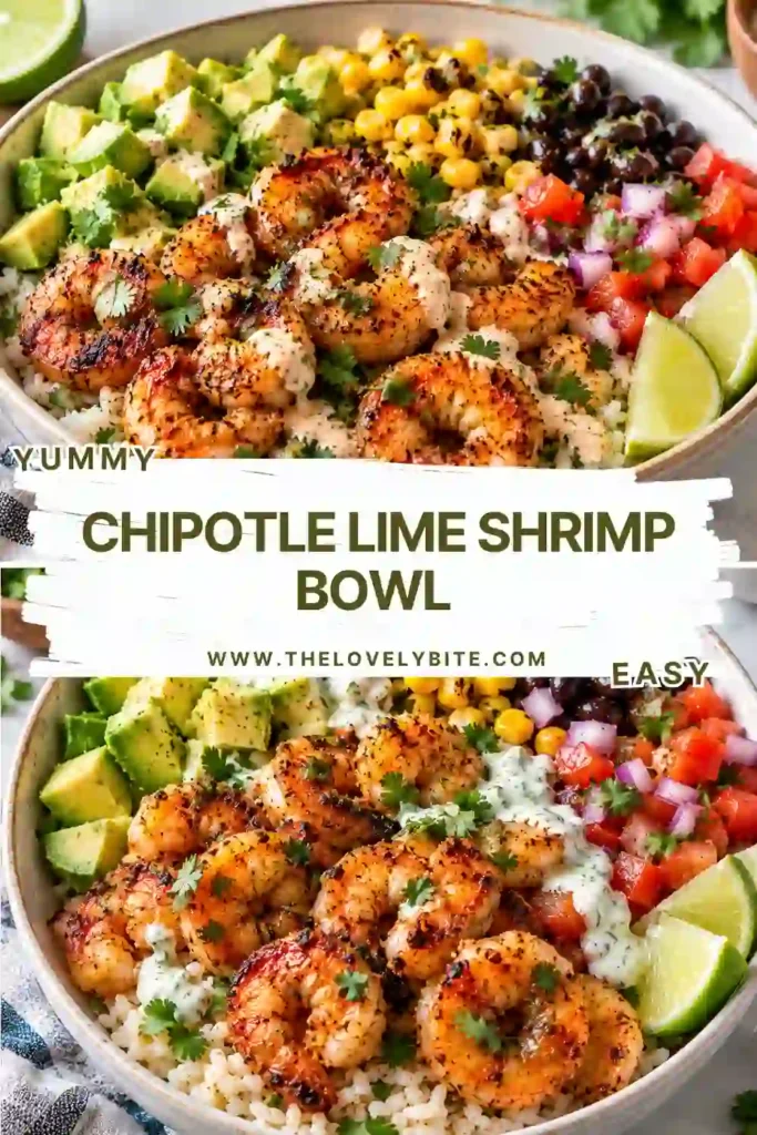 Overhead view of a spicy shrimp rice bowl featuring golden seared shrimp, warm white rice, sliced avocado, crisp cucumber, red onion, and cherry tomatoes. Fresh cilantro and lime wedges add color to this easy shrimp bowl recipe.