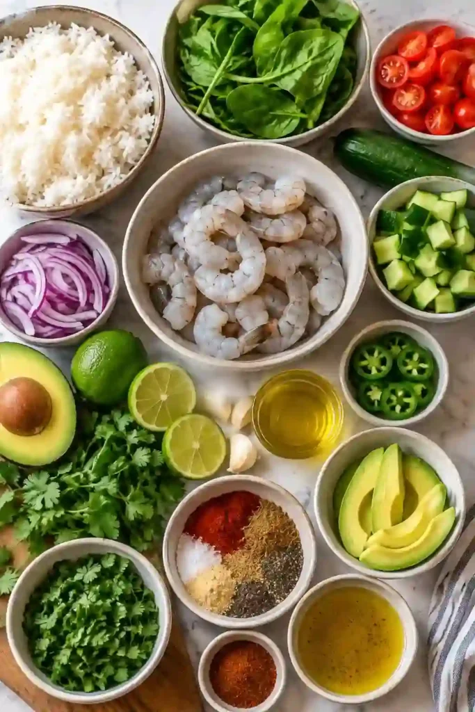 Chipotle lime shrimp bowl filled with smoky seared shrimp, fluffy rice, creamy avocado slices, cherry tomatoes, cucumber, and fresh cilantro. A colorful shrimp rice bowl finished with homemade chipotle lime dressing and fresh lime wedges.